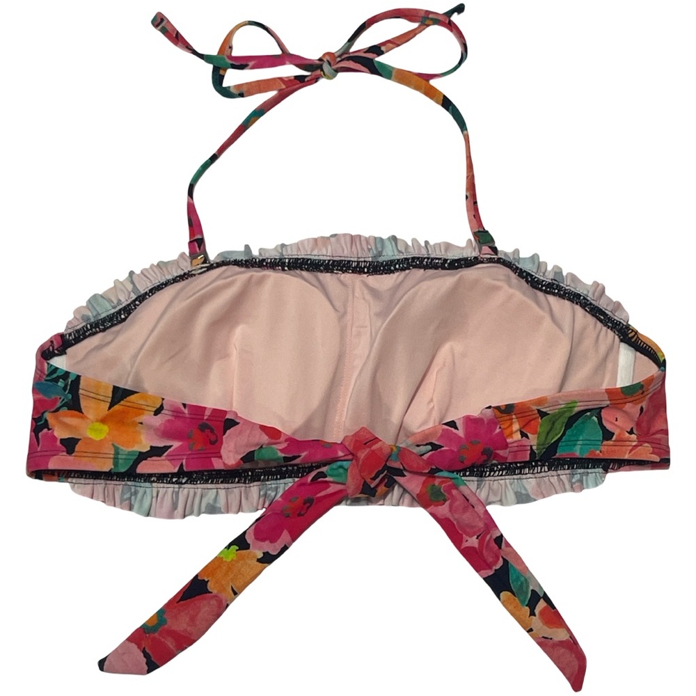 Floral Pink Smocked Bandeau Mid Rise Two Piece Bikini Set Adjustable Halter Top - Picture 12 of 15